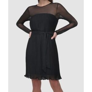 DKNY Jewel-Neck Belted A-Line Pleated Mesh Dress Sz 12